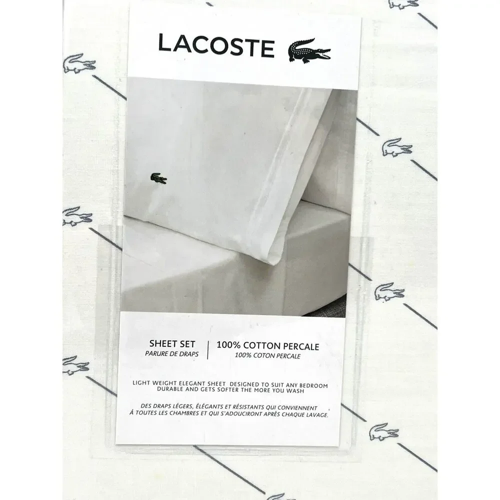 Lacoste Crocodile Logo KING Sheet Set White Blue 100% Cotton Percale Alligator